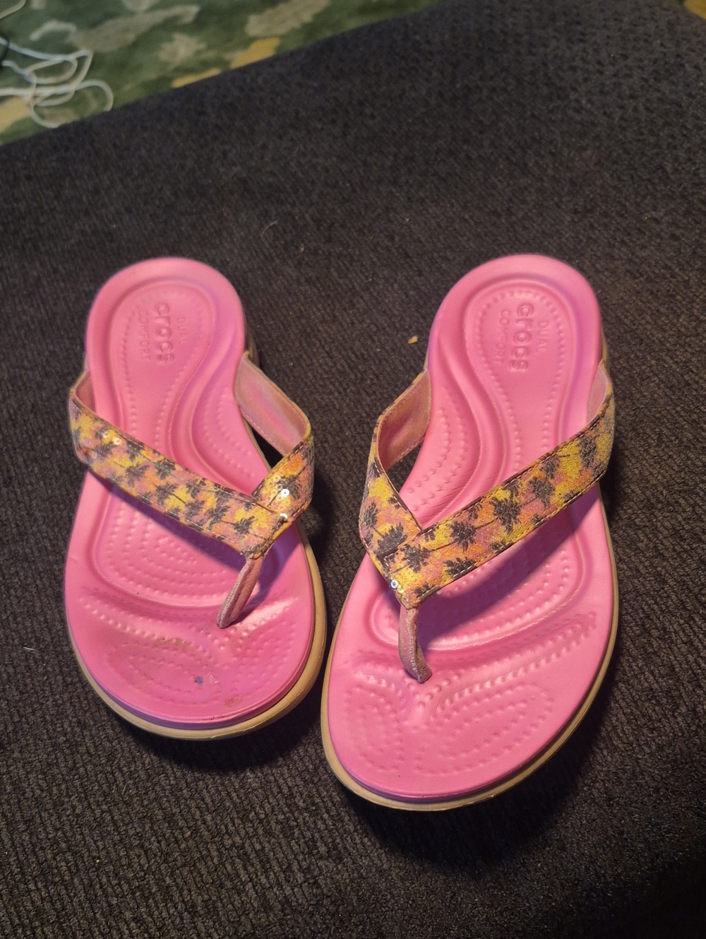 CROCS Kids Pink Flip Sandals with Yellow Floral Straps